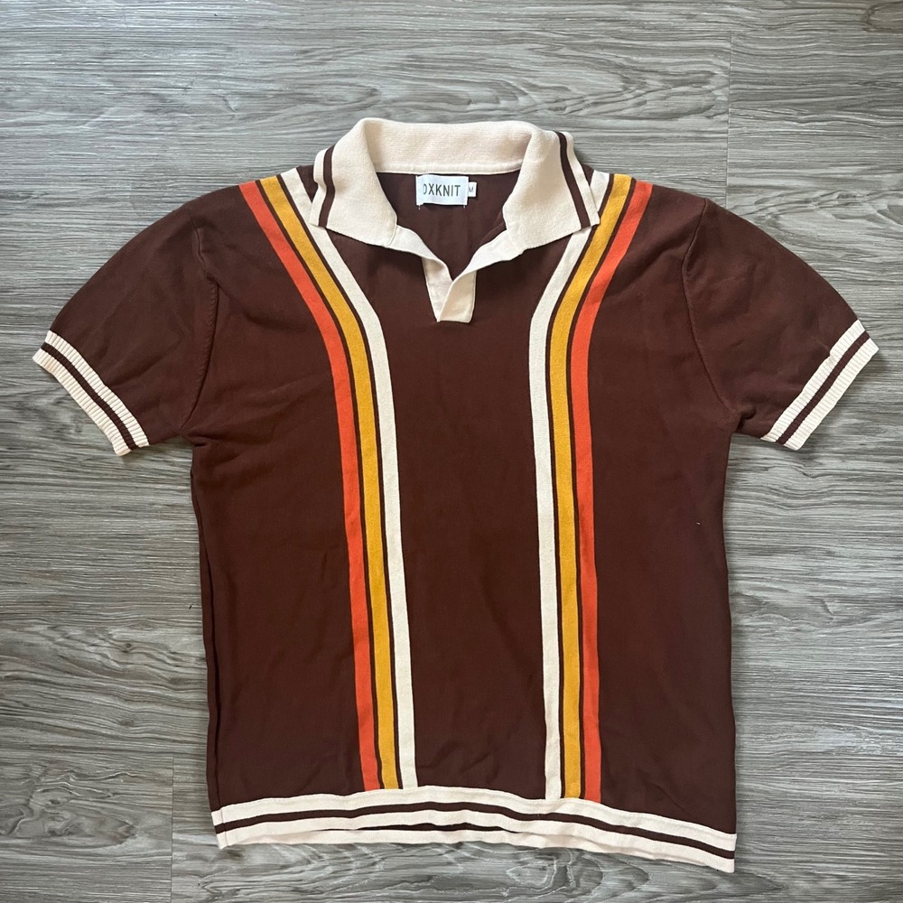 OXKNIT Mens Brown Knit Polo Shirt Retro 70s Striped Cotton Sweater Polo M